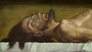The Body of the Dead Christ, detalje af hovedet, 1521 tempera på limewood
