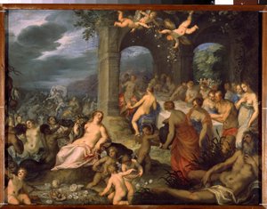 Gudernes fest, ægteskabet mellem Peleus og Thetis. Til venstre, Merin guddommeligheder (salamander og naider). I midten, jordgudinden Tellus Mater (eller Terra Mater eller Gaia) med et abonhorn