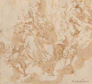 Rekto: Jomfruen og barnet sidder på skyer, omgivet af putti af Hans I or Johann Rottenhammer
