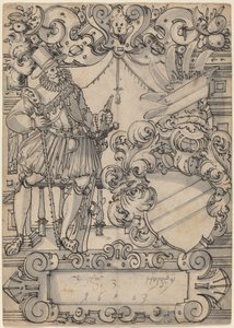 En donor med et våbenskjold (Shield Companion and Slanting Bar Heraldic Shield) af Hans Jegli II