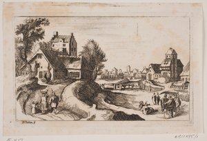 Landsby. Til venstre en vej med en kvinde med kurv på hovedet og et lille barn ved sin side af Hans Jørgen Kirksteen