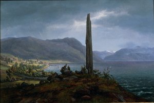 Frithjof-mindestenen på Leikanger ved Balestrand i Soon (olie på lærred) af Hans Leganger Reusch