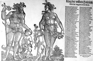 Broadside om de vilde skovmænds tilbagetrækning fra en verden, der har forandret sig til det værre, træsnit udført af Hans Guldenmundt, 1545