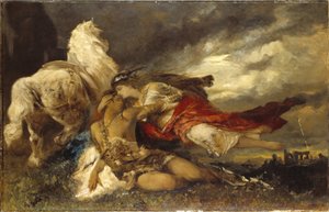 Valkyrie et un heros mourant - Valkyrie and a Dying Hero, af Makart, Hans (1840-1884). Olie på lærred. Mål: 130x200 cm. Nationalmuseum Stockholm af Hans Makart