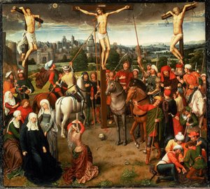 Korsfæstelse. Midterstykke i et triptykon. Olietempera på egetræ (tempera på egetræ) af Hans Memling
