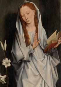 Detalje af Jomfruen, fra bagsiden af et par vinger, der viser bebudelsen (olie på panel) af Hans Memling