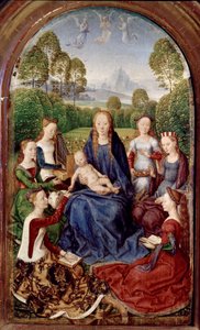 Diptykon af Jean du Cellier: Jomfru og seks helgener (olie på panel af Hans Memling