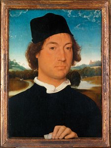 Portræt af en ukendt mand, med landskab (prustende) af Hans Memling