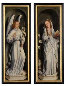 Bagsiden af et par vinger, der viser bebudelsen (olie på panel) af Hans Memling