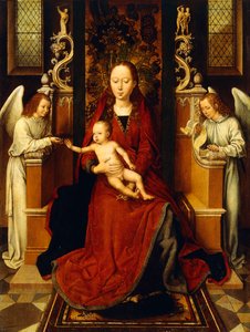 Jomfruen og barnet tronede med to engle, af Hans Memling