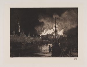 Christiansborg Slot i flammer af Hans Nikolaj Hansen