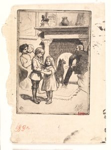 Nytårskort (familien ved kaminen) af Hans Nikolaj Hansen