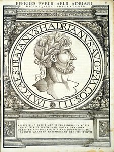 Aelius Hadrianus, illustration fra de romerske kejsere i hele øst og vest, de sandeste billeder af gamle mønter, træsnit af Rudolph Wyssenbach, trykt af Andreas Gesner, Zuri af Hans Rudolf Manuel Deutsch