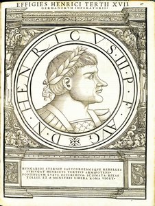 Henricus III, illustration fra "Imperatorum romanorum omnium orientalium et occidentalium verissimae imagines ex antiquis numismatis", træsnit af Rudolph Wyssenbach, trykt af Andreas Gesner, Zürich af Hans Rudolf Manuel Deutsch