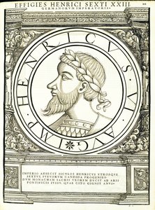 Henrik VI, illustration fra de mest autentiske billeder af de gamle romerske kejsere i øst og vest, træsnit af Rudolph Wyssenbach, trykt af Andreas Gesner, Zürich, 1 af Hans Rudolf Manuel Deutsch