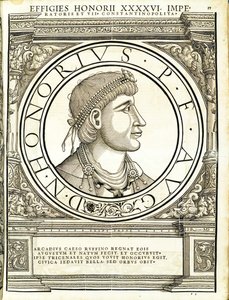 Honorius, illustration fra "Imperatorum romanorum omnium orientalium et occidentalium verissimae imagines ex antiquis numismatis", træsnit af Rudolph Wyssenbach, trykt af Andreas Gesner, Zürich, 15 af Hans Rudolf Manuel Deutsch
