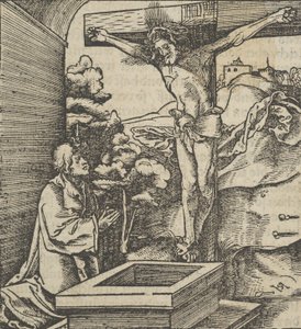 En mand der beder foran et krucifiks, fra Hymmelwagen auff dem, wer wol Leben..., 1517. af Hans Schäufelein the Elder
