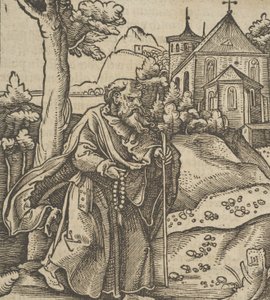 En gammel pilgrim går til højre, fra Hymmelwagen auff dem, wer wol Leben..., 1517. af Hans Schäufelein the Elder