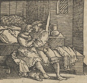 Spinneloccio indespærret i en kiste, hvorpå hans kone og Zeppa sidder, fra The..., før 1534. af Hans Schäufelein the Elder