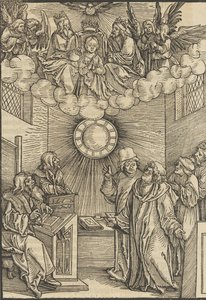 Forfatteren, der skriver Layenspiegel, Treenigheden og Jomfruen i det øvre center, fra ..., 1511. af Hans Schäufelein the Elder