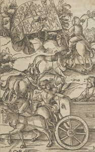 Den dydige mand på en vogn på vej til himlen, fra Hymmelwagen auff dem, wer wol leb..., 1517.
