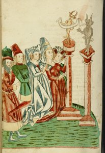 En gruppe mænd og kvinder tilbeder to idoler, 1469 (blæk, vaske og tempera på papir)