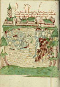 Overfarten af Det Røde Hav Ms Ludwig XV 9 fol. 56v, 1469 (blæk, farvevaske og tempera på papir)