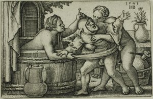 Buffoon og to badende kvinder af Hans Sebald Beham