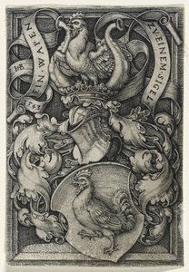 Våbenskjold med en hane, 1543 (gravering på bindet papir) af Hans Sebald Beham