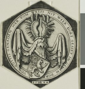 Våbenskjold med en hæsblæsende løve af Hans Sebald Beham