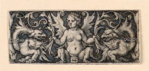 Frise med bevinget kvindeskikkelse og to groteske haner af Hans Sebald Beham