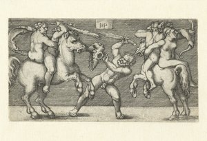 Kamp mellem to mænd med kvinder til hest og en stående mand af Hans Sebald Beham