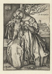 Mary med barn og papegøje og pære af Hans Sebald Beham