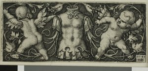 Ornament med rustning og to genier, fra fire vignetter af Hans Sebald Beham