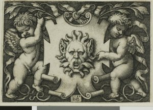 Ornament med en maske holdt af to Genii af Hans Sebald Beham
