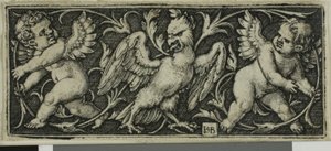 Ornament med en ørn og to Genii, fra Four Vignetter af Hans Sebald Beham