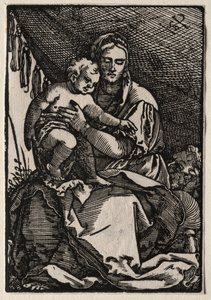 Den hellige familie under et telt af Hans Sebald Beham
