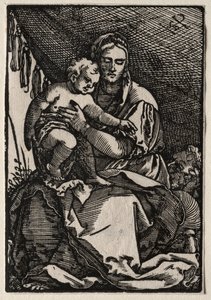 Den hellige familie under et telt. af Hans Sebald Beham
