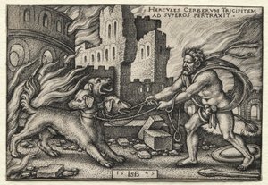 The Labors of Hercules: Hercules, der trækker Cerberus fra underverdenen af Hans Sebald Beham