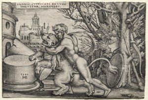 The Labors of Hercules: Hercules Stranling the Nemean Lion af Hans Sebald Beham
