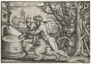 The Labors of Hercules: Hercules Stranling the Nemean Lion af Hans Sebald Beham