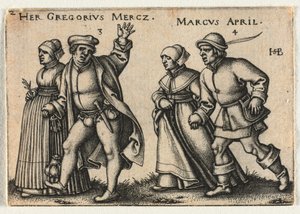 Bondebrylluppet eller de tolv måneder: 3-Hendes Gregorius Mercz 4-Marcus april af Hans Sebald Beham