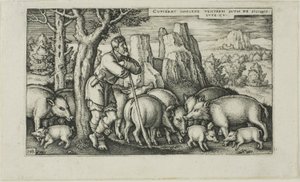 Den fortabte søn med svinet, plade tre fra The History of the Prodigal Son af Hans Sebald Beham