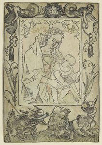 Jomfruen og barnet omgivet af en grænse med en jæger og nogle kaniner (træsnit, overbearbejdet i akvarel, trykt på pergament) af Hans Sebald Beham