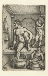 Kvinde med to børn på badeværelset af Hans Sebald Beham