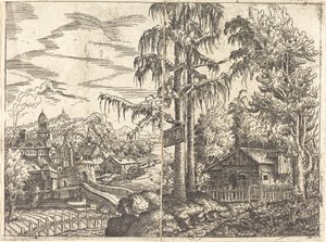 Landskab med udsigt over en bondehytte og en by nær en flod, 1551.