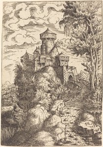 Landskab med fæstning og stor trappe, 1554. af Hans Sebald Lautensack
