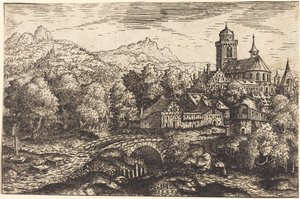 Bjerglandskab med en landsby, 1553. af Hans Sebald Lautensack