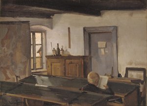 En skolestue med en læsende dreng af Hans Smidth