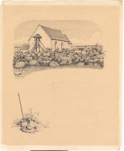 Illustration til St. St. Blicher: "Mowns". F.o.: kirke bag stendige; f.n.: gravsted (?) med spade af Hans Smidth